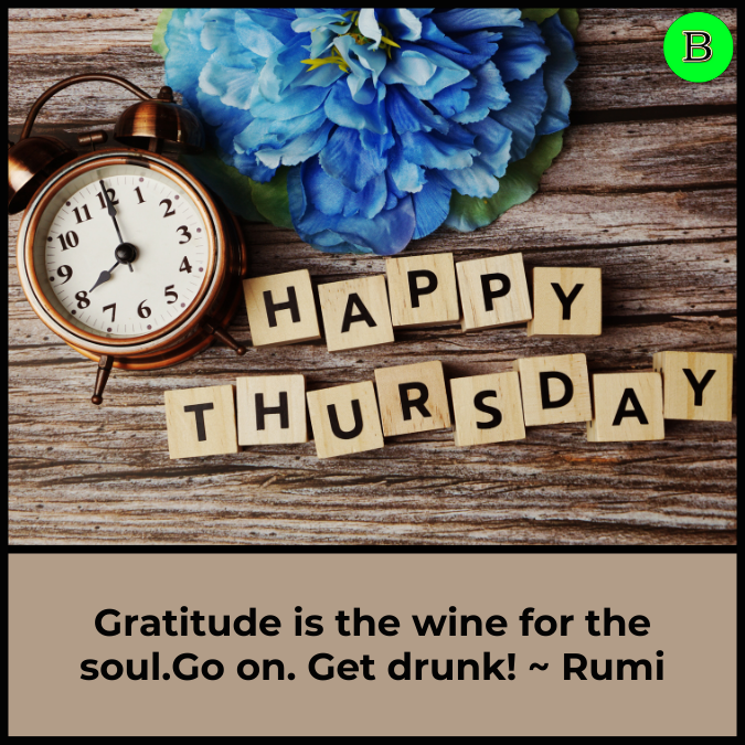 Gratitude is the wine for the soul.Go on. Get drunk! ~ Rumi