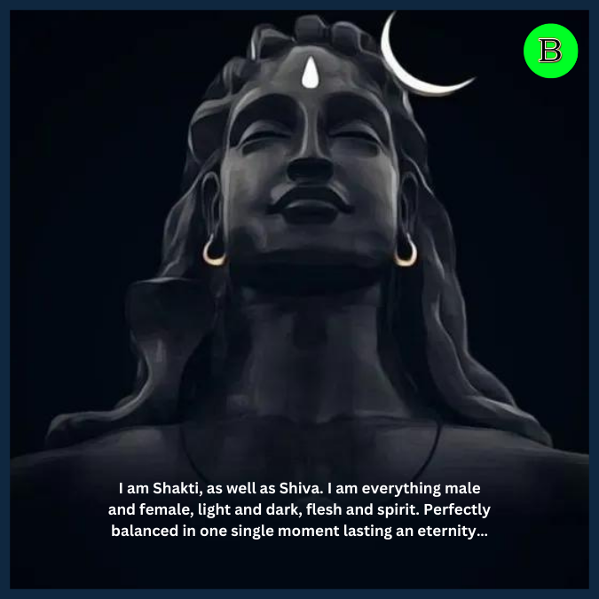 I am Shakti, as well as Shiva. I am everything male and female, light and dark, flesh and spirit. Perfectly balanced in one single moment lasting an eternity…