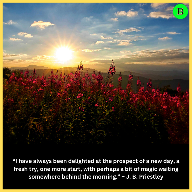 “I have always been delighted at the prospect of a new day, a fresh try, one more start, with perhaps a bit of magic waiting somewhere behind the morning.” – J. B. Priestley