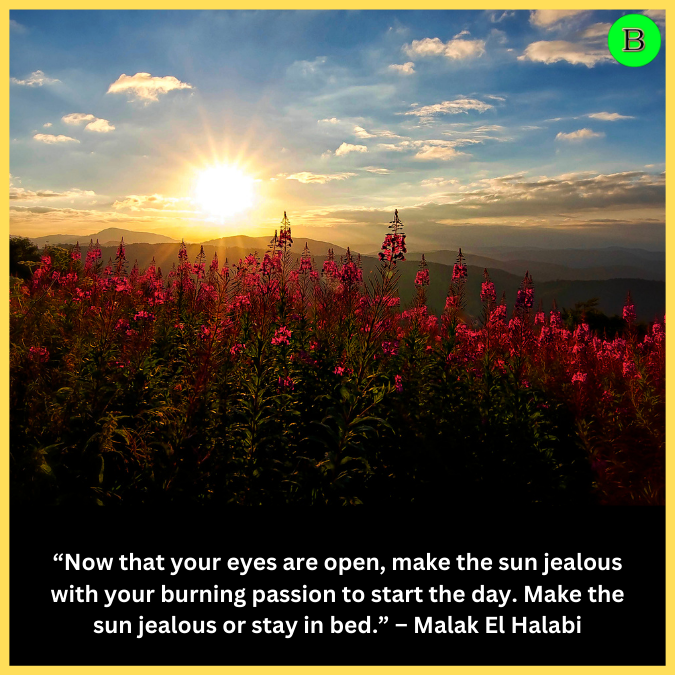 “Now that your eyes are open, make the sun jealous with your burning passion to start the day. Make the sun jealous or stay in bed.” – Malak El Halabi