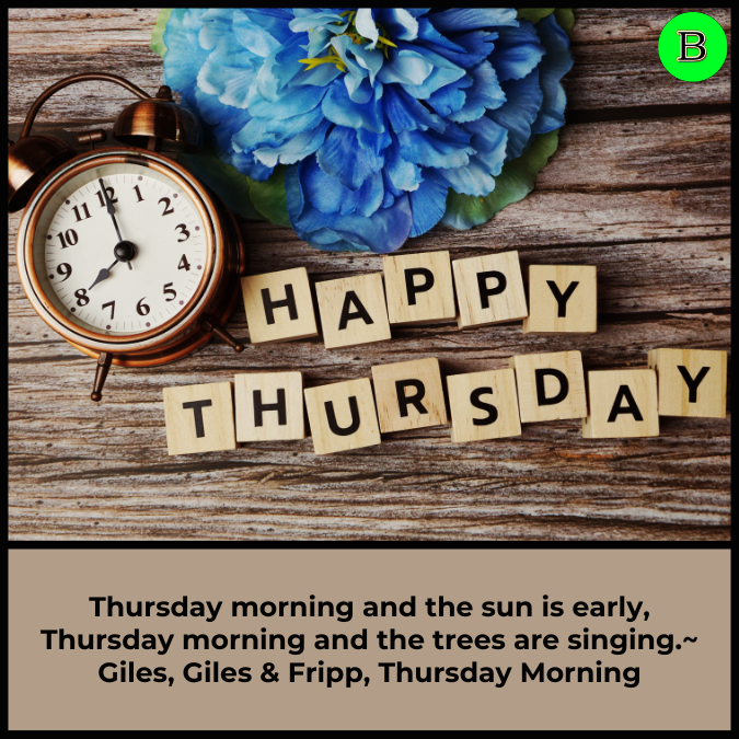 Thursday morning and the sun is early, Thursday morning and the trees are singing.~ Giles, Giles & Fripp, Thursday Morning