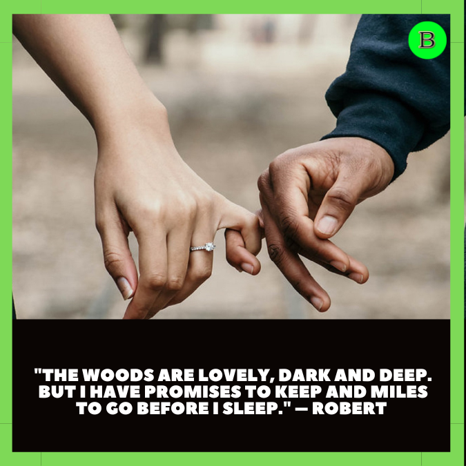 "The woods are lovely, dark and deep. But I have promises to keep and miles to go before I sleep." – Robert 