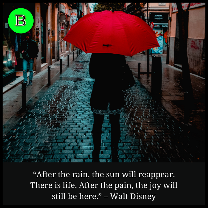 “After the rain, the sun will reappear. There is life. After the pain, the joy will still be here.” – Walt Disney