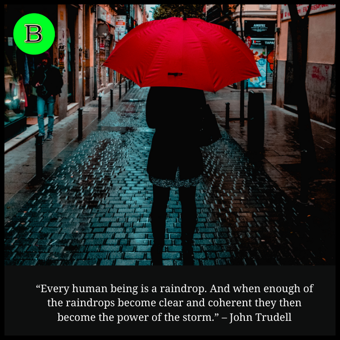 “Every human being is a raindrop. And when enough of the raindrops become clear and coherent they then become the power of the storm.” – John Trudell