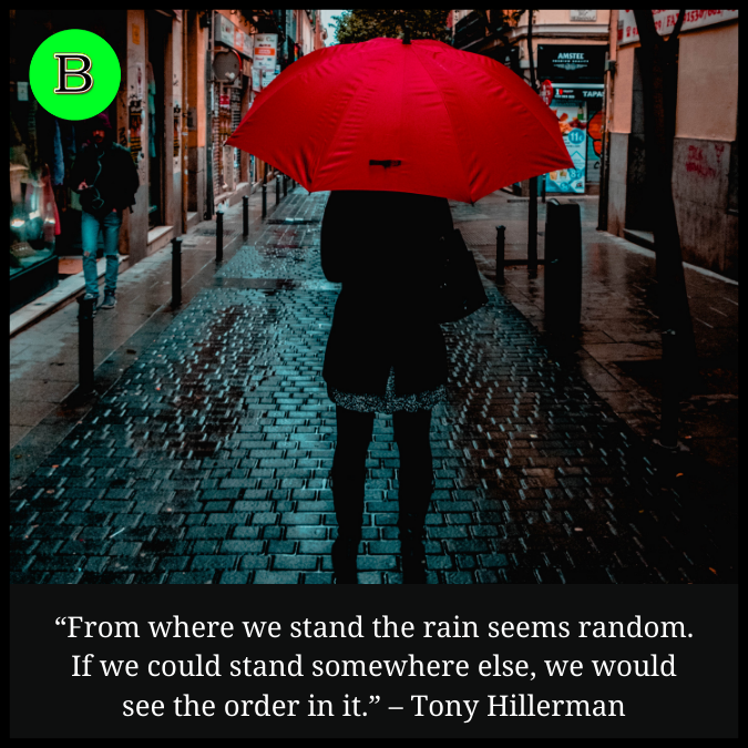 “From where we stand the rain seems random. If we could stand somewhere else, we would see the order in it.” – Tony Hillerman