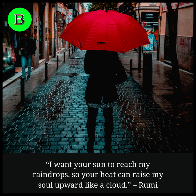 “I want your sun to reach my raindrops, so your heat can raise my soul upward like a cloud.” – Rumi