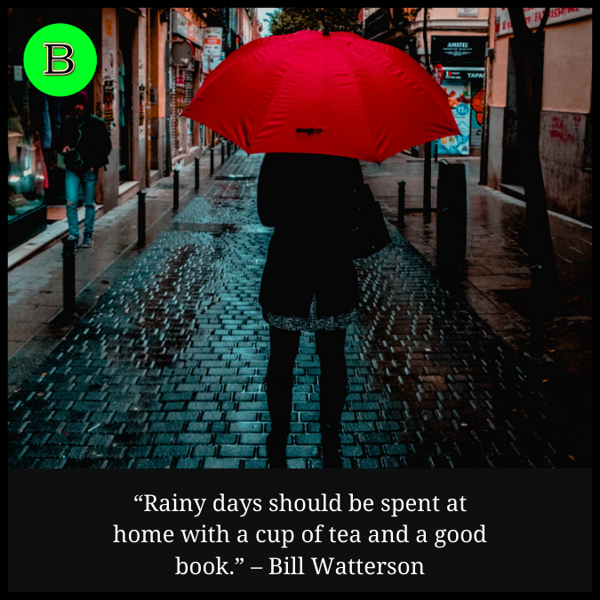 “Rainy days should be spent at home with a cup of tea and a good book.” – Bill Watterson